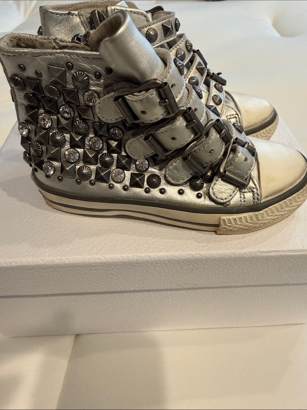 Ash Kids Metallic Silver Studded High-Top Sneakers with Buckle Straps